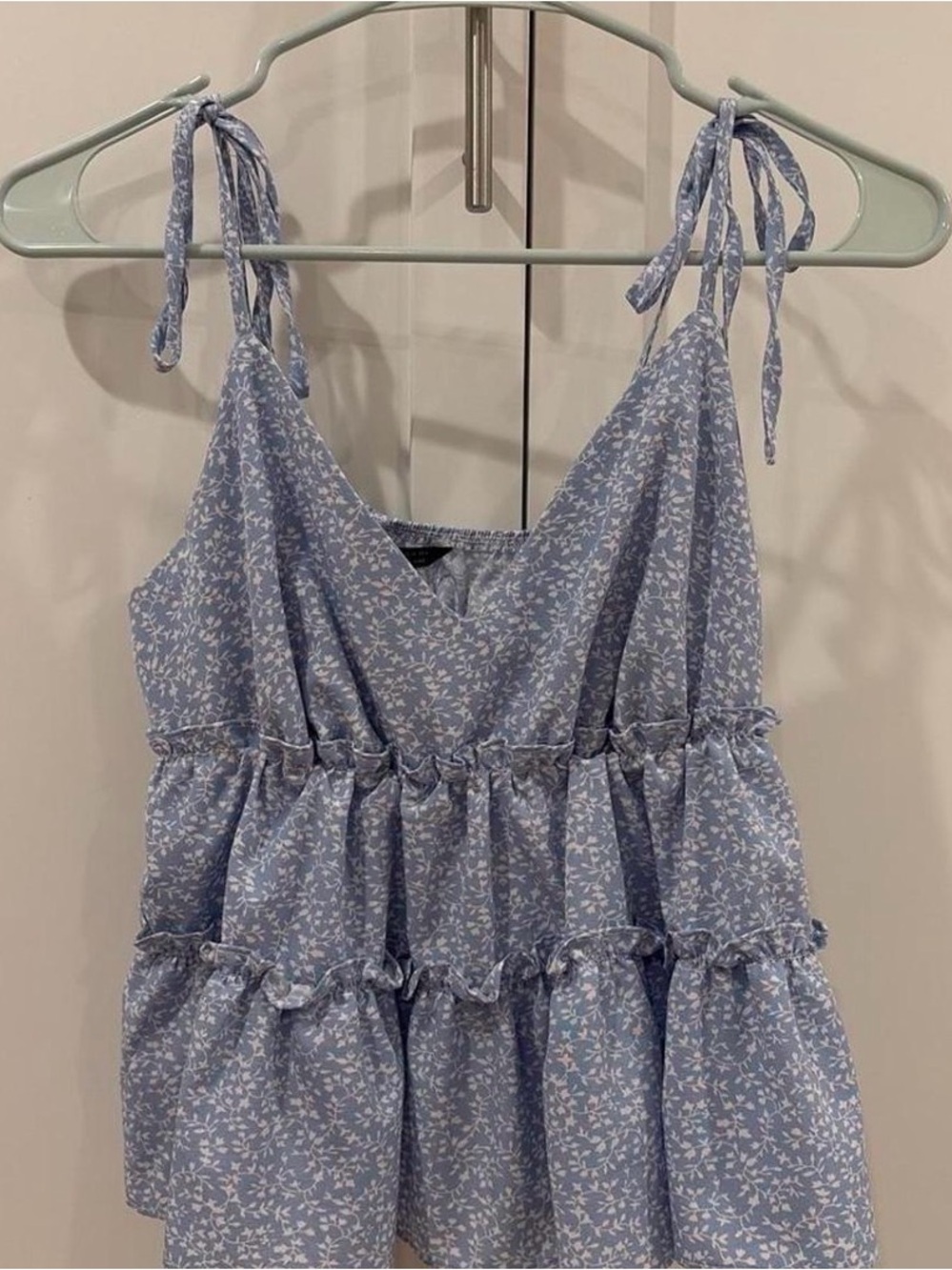 SHEIN Light Blue Floral Tie-Strap Tiered Ruffle Tank Top